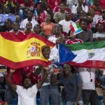 Supporters hold flags from Spain and Ecuatorial Guinea before a friendly soccer match at Malabo Stadium in Malabo, Equatorial Guinea, Saturday, Nov. 16, 2013. (AP Photo/Diario AS, Juan Flor) 